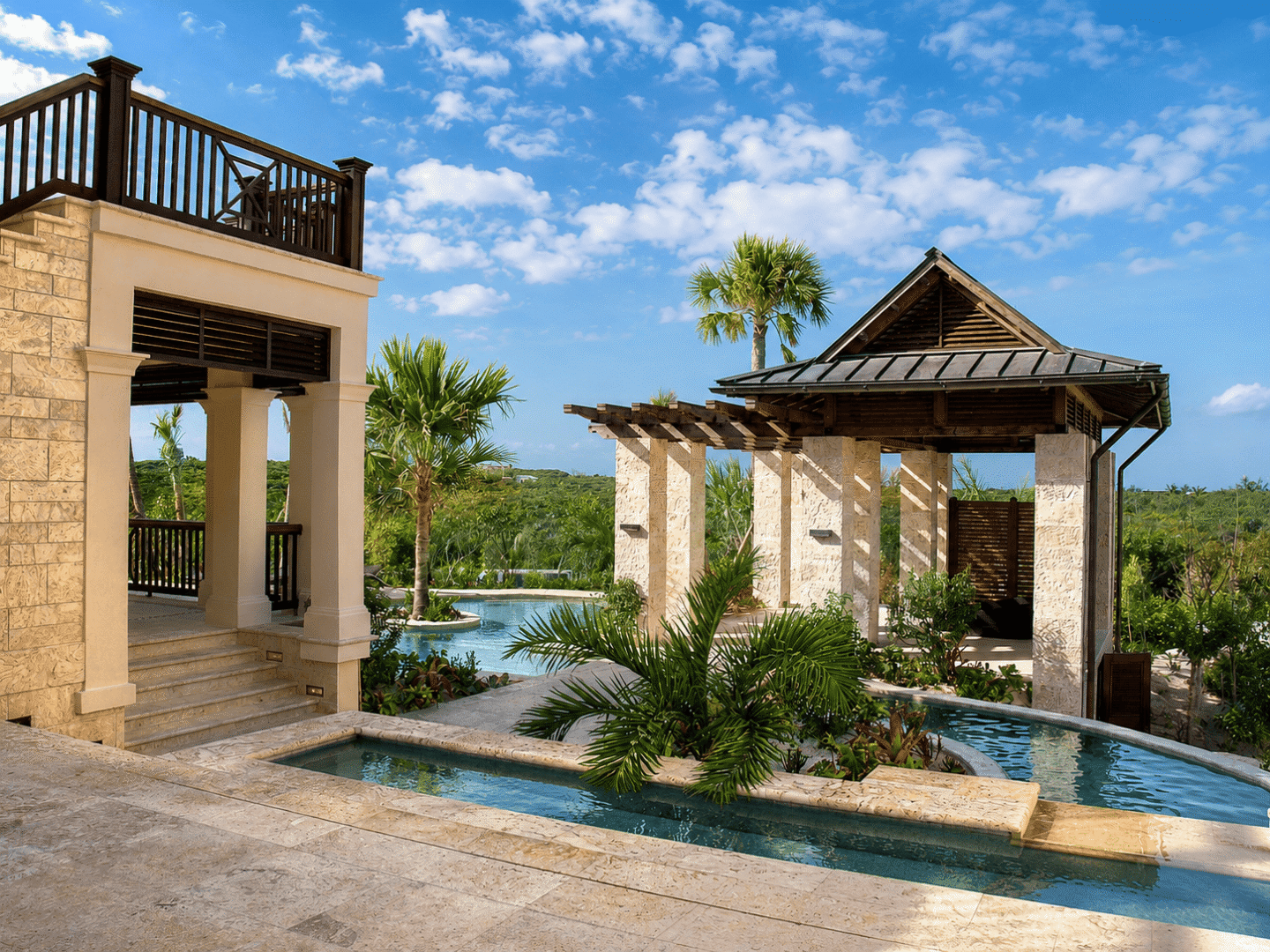 Elegant Bahamas villa with pool, palm trees, and tropical landscape.