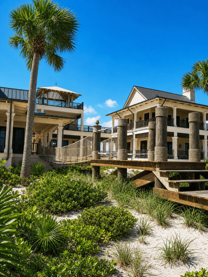 Luxury beachfront vacation home with palm trees and wooden deck in Bahamas.