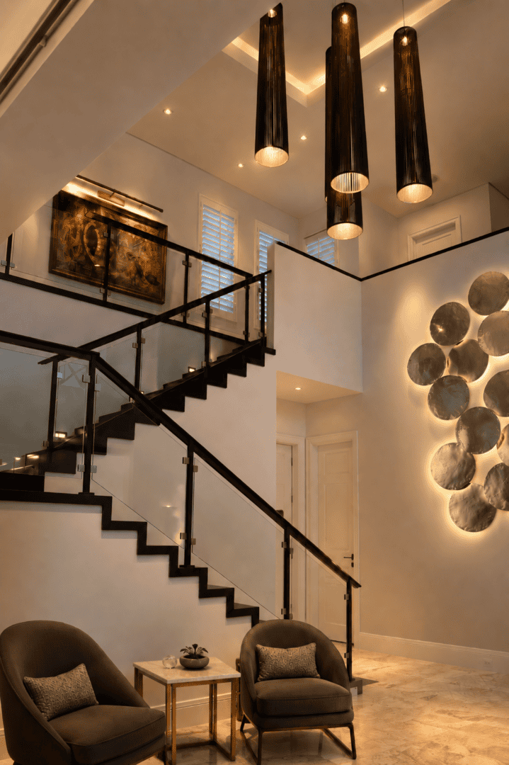 Contemporary living space with stylish lighting and modern decor.