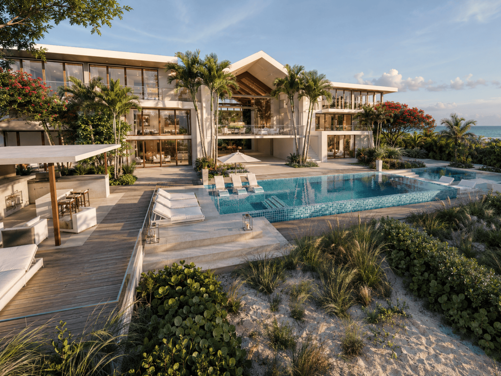 Elegant beachfront resort with pool, palm trees, and ocean view in Bahamas.