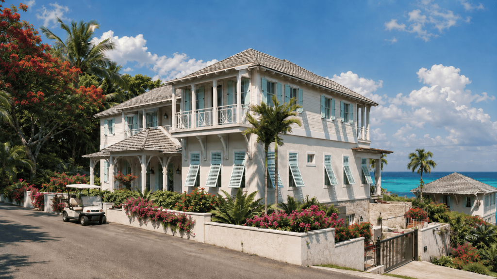Elegant beachfront villa with tropical landscaping and ocean view in Bahamas.