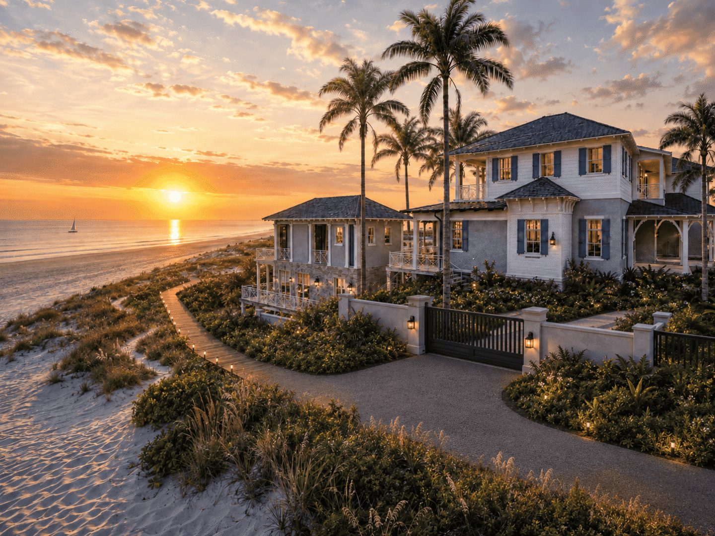 Elegant beachfront villa with palm trees at sunset in Bahamas.