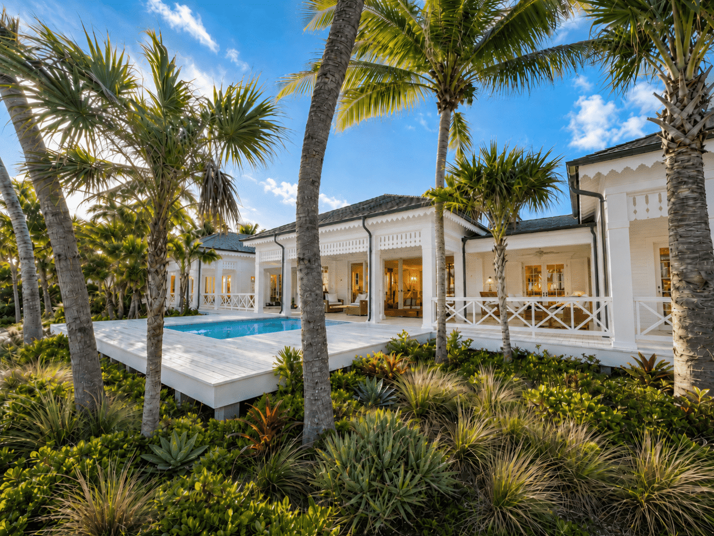 Elegant Bahamas villa with private pool surrounded by palm trees and tropical landscaping.