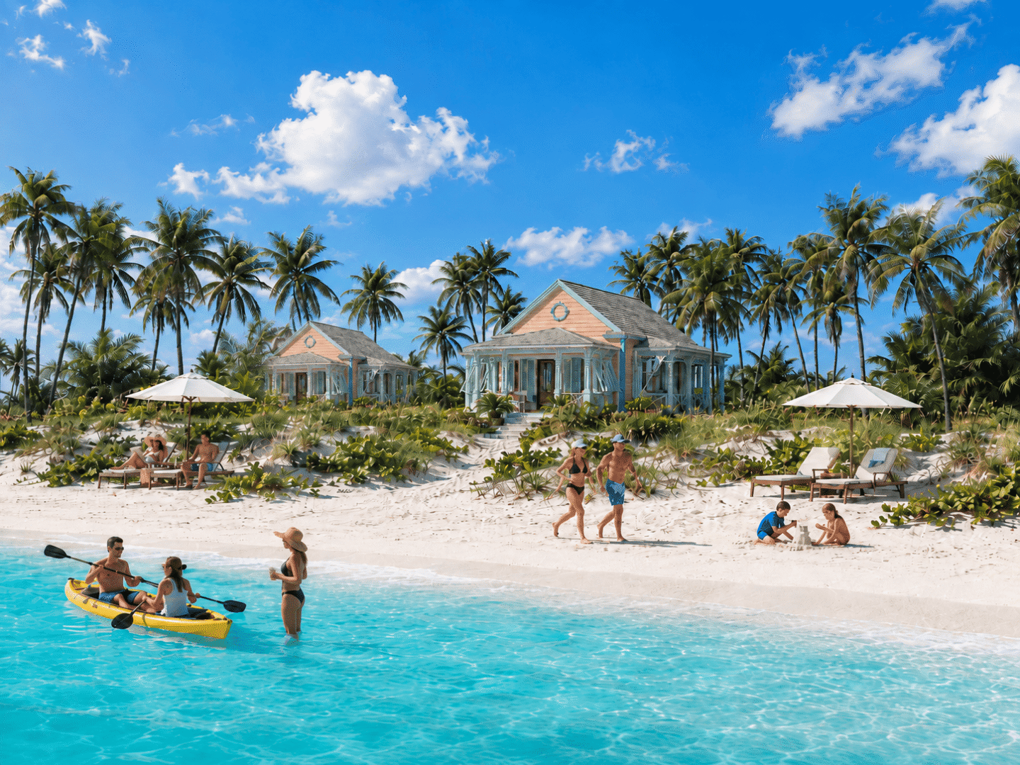 Beautiful Bahamas beach with palm trees, cottages, and people enjoying water activities.