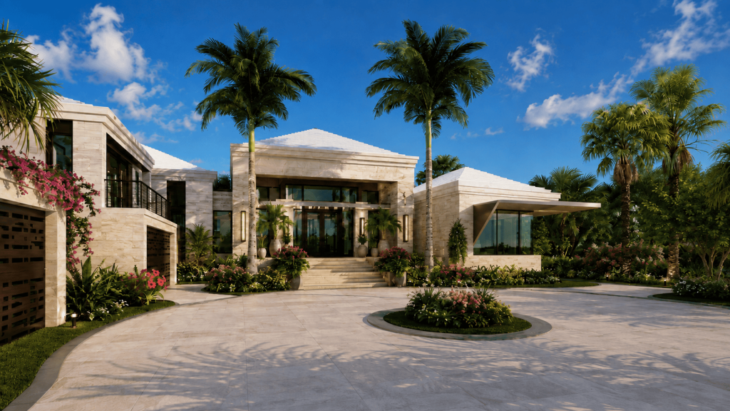 Elegant Bahamas villa surrounded by palm trees and lush tropical landscaping.