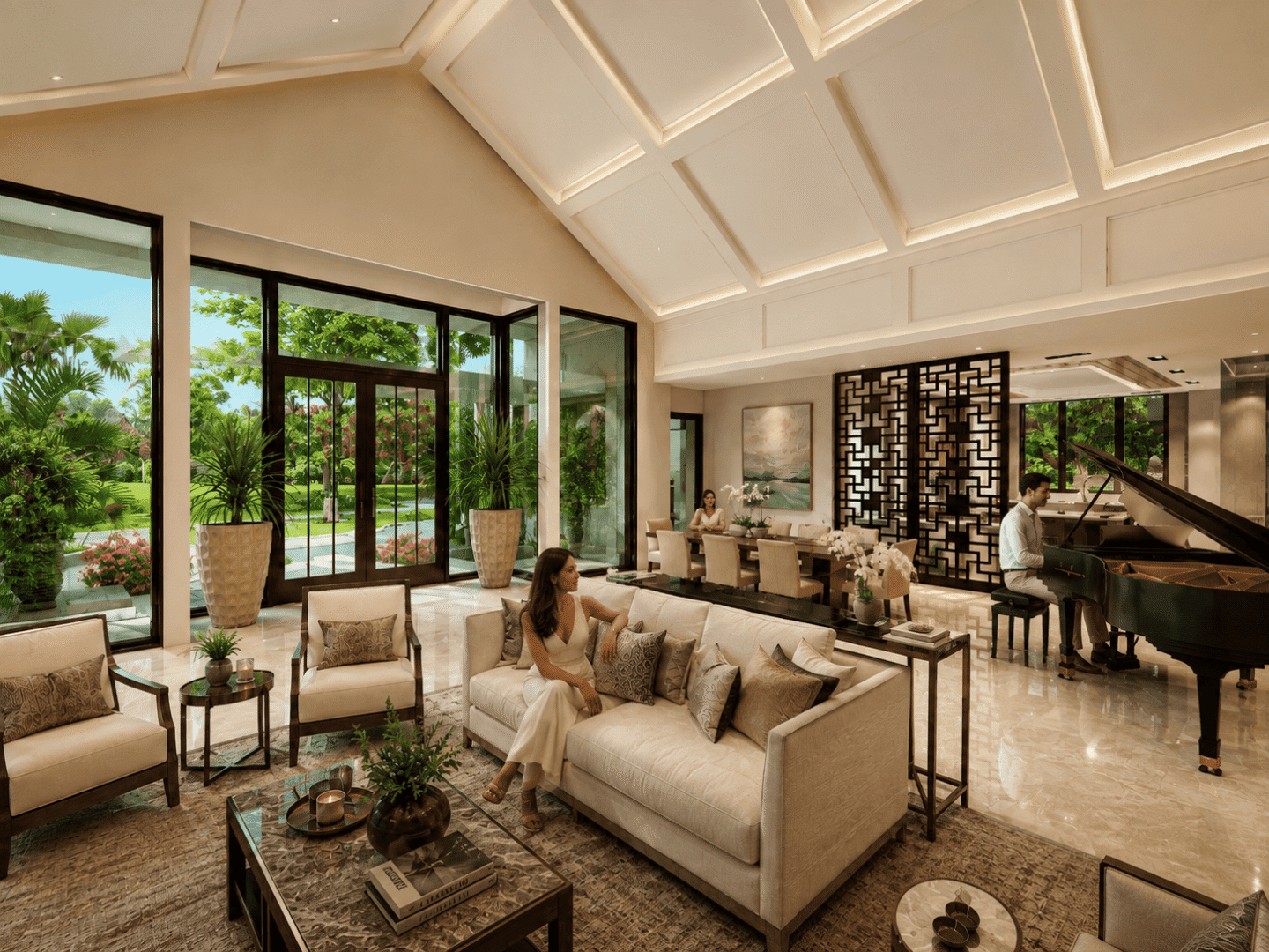 Luxurious living room with grand piano and large windows overlooking greenery.