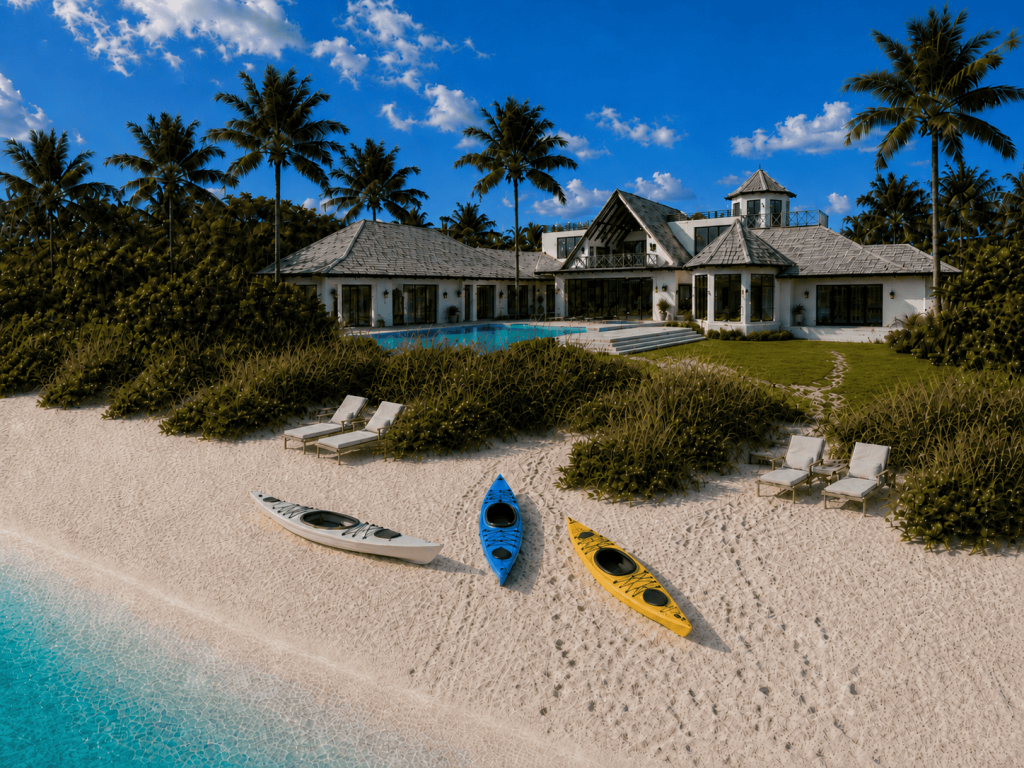Elegant beachfront villa with kayaks and lounge chairs on sandy shore.