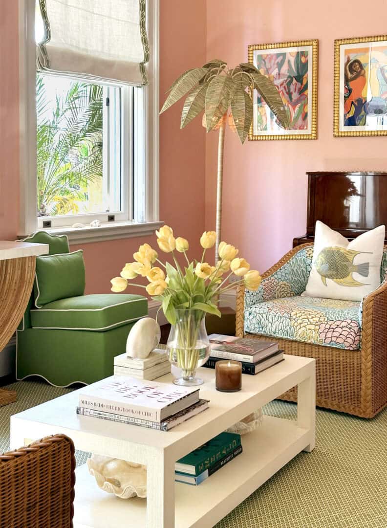 Cozy living room with colorful decor and tropical plants in Bahamas.